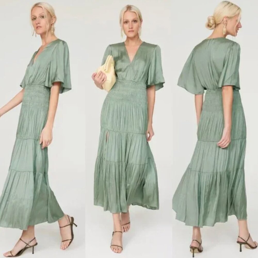 Maje Sage Green V-Neck Smocked Tiered Midi Dress